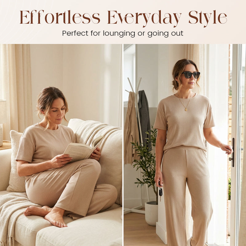 👚 50% OFF NOW! 🌿 Women's Ribbed Knit Top & Wide-Leg Pants Set – Relaxed Drop-Shoulder, Soft Stretch Fabric & Versatile Two-Piece ✨