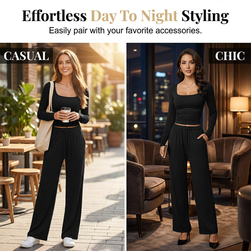 ⏰🎁Women's Square-Neck Top & Wide-Leg Pants Set