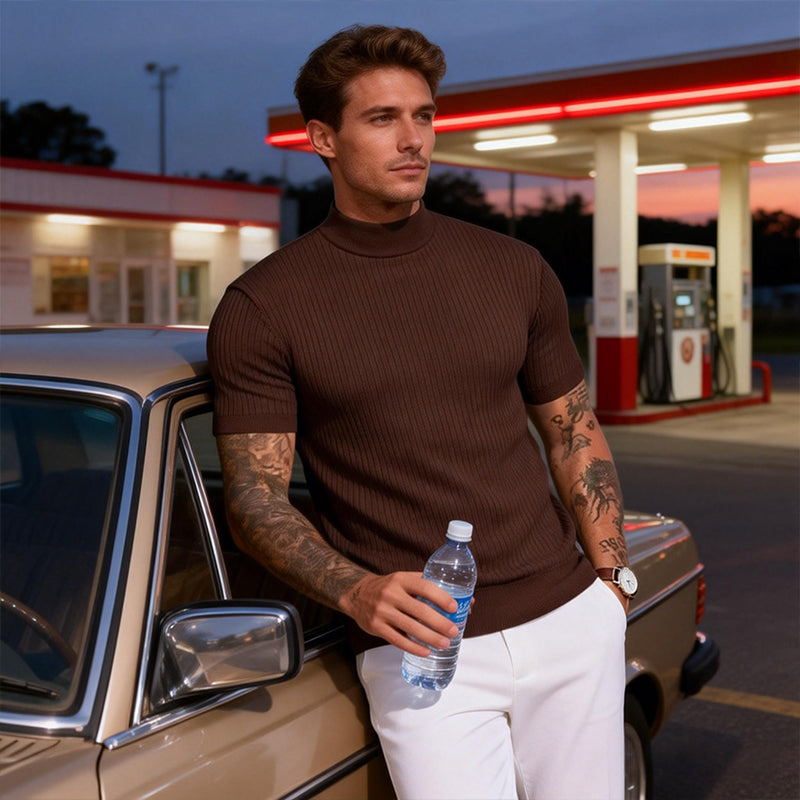 👕 ✨ Men's Slim Mock Neck T-Shirt – Ribbed 🍁
