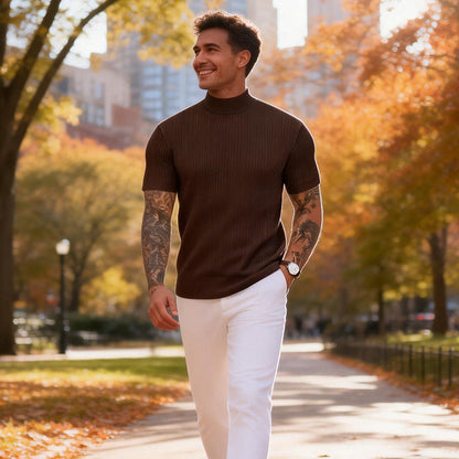 👕 ✨ Men's Slim Mock Neck T-Shirt – Ribbed 🍁