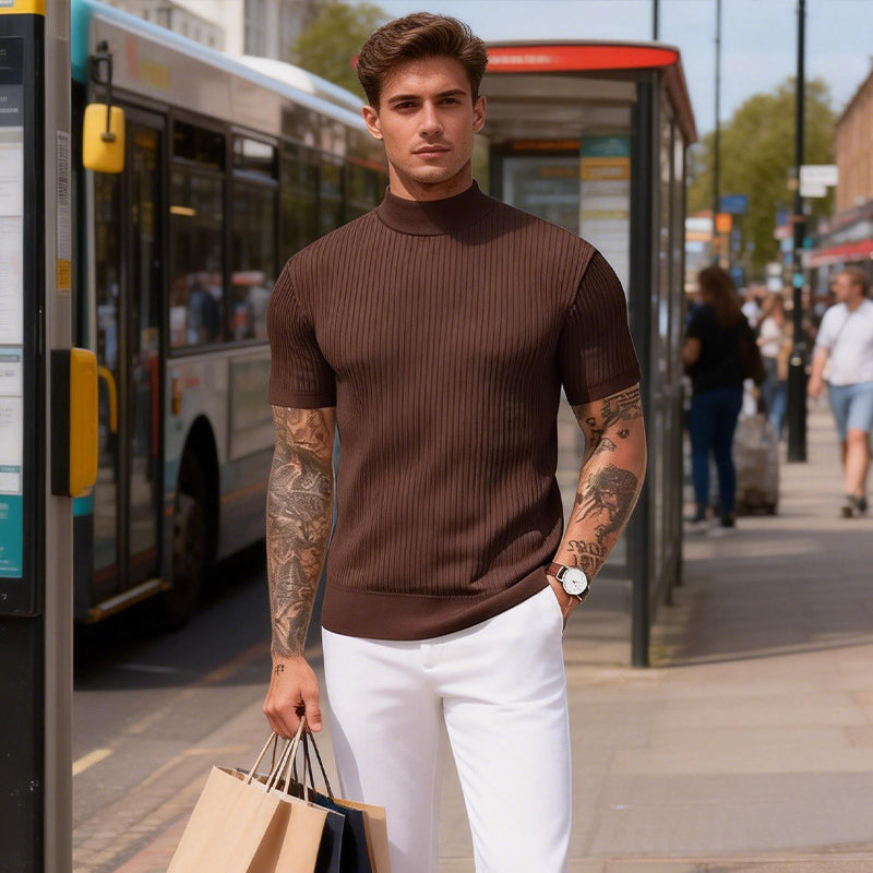 👕 ✨ Men's Slim Mock Neck T-Shirt – Ribbed 🍁