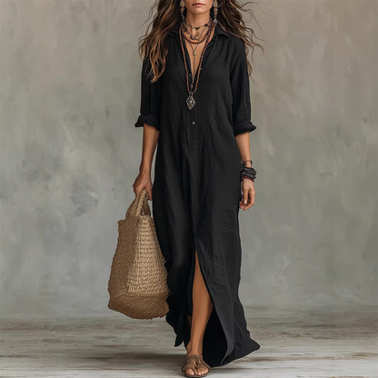 👗 LIMITED-TIME 50% OFF! 💥 Casual Loose Fit Maxi Dress with Front Slit – Collar Detail, Roll-Tab Sleeves, Earthy Tones ✨