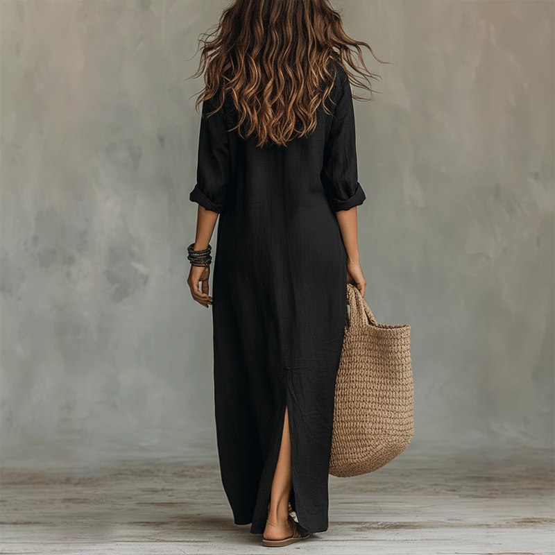 👗 LIMITED-TIME 50% OFF! 💥 Casual Loose Fit Maxi Dress with Front Slit – Collar Detail, Roll-Tab Sleeves, Earthy Tones ✨