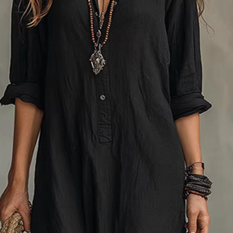 👗 LIMITED-TIME 50% OFF! 💥 Casual Loose Fit Maxi Dress with Front Slit – Collar Detail, Roll-Tab Sleeves, Earthy Tones ✨