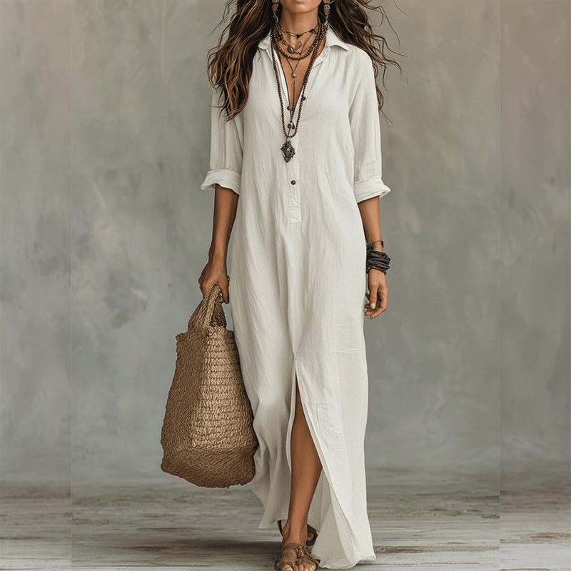 👗 LIMITED-TIME 50% OFF! 💥 Casual Loose Fit Maxi Dress with Front Slit – Collar Detail, Roll-Tab Sleeves, Earthy Tones ✨