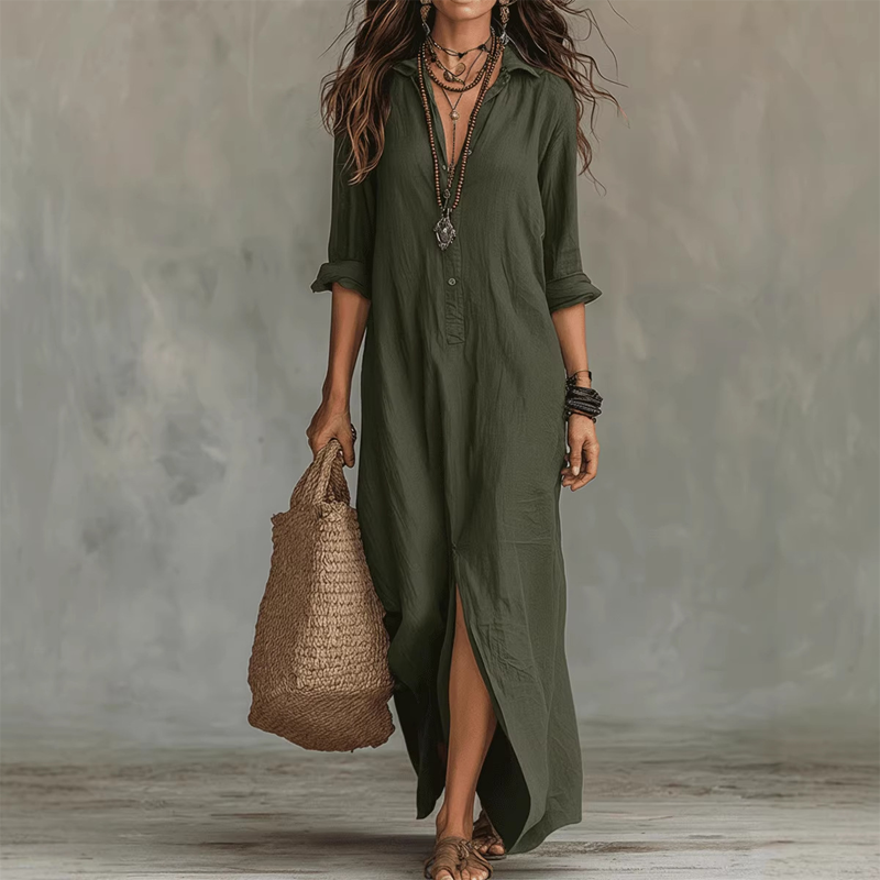 👗 LIMITED-TIME 50% OFF! 💥 Casual Loose Fit Maxi Dress with Front Slit – Collar Detail, Roll-Tab Sleeves, Earthy Tones ✨