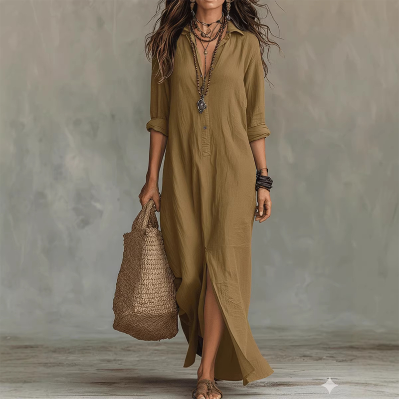 👗 LIMITED-TIME 50% OFF! 💥 Casual Loose Fit Maxi Dress with Front Slit – Collar Detail, Roll-Tab Sleeves, Earthy Tones ✨