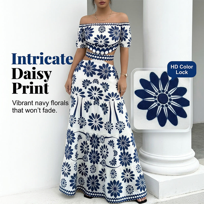 🌺 LIMITED-TIME 50% OFF! 💥 Women's Off-Shoulder Waist Cutout Daisy Printed Resort Dress – Flowy, Breezy, Tropical Chic ✨