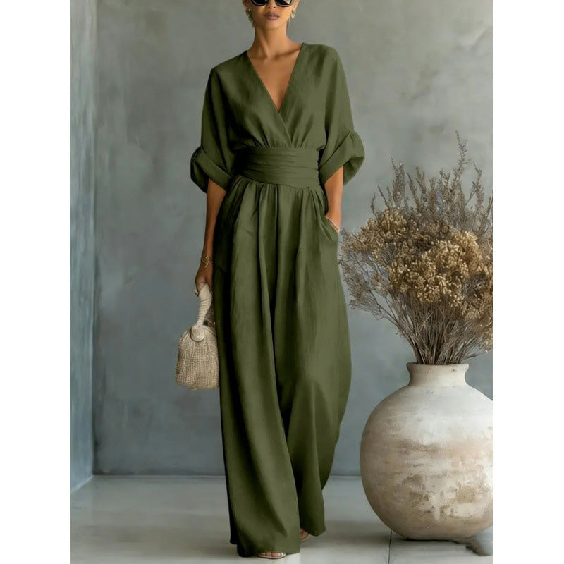 🔥Hot Sale 50% OFF🌸Women's V-Neck High Waist Wide Leg Jumpsuit