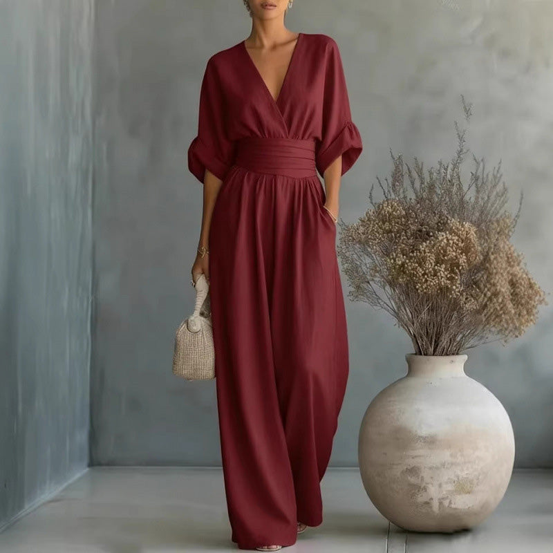 🔥Hot Sale 50% OFF🌸Women's V-Neck High Waist Wide Leg Jumpsuit