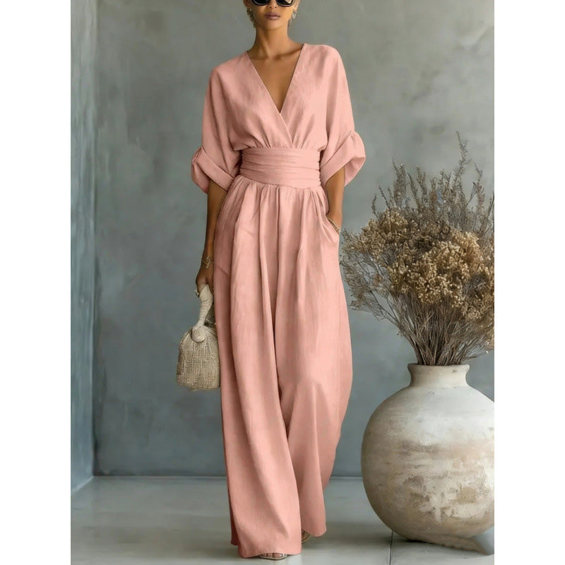 🔥Hot Sale 50% OFF🌸Women's V-Neck High Waist Wide Leg Jumpsuit