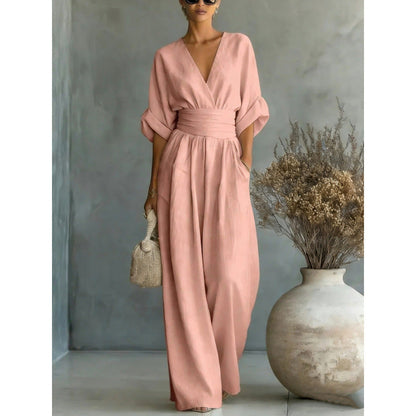 🔥Hot Sale 50% OFF🌸Women's V-Neck High Waist Wide Leg Jumpsuit