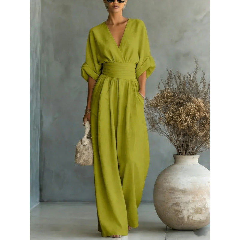 🔥Hot Sale 50% OFF🌸Women's V-Neck High Waist Wide Leg Jumpsuit