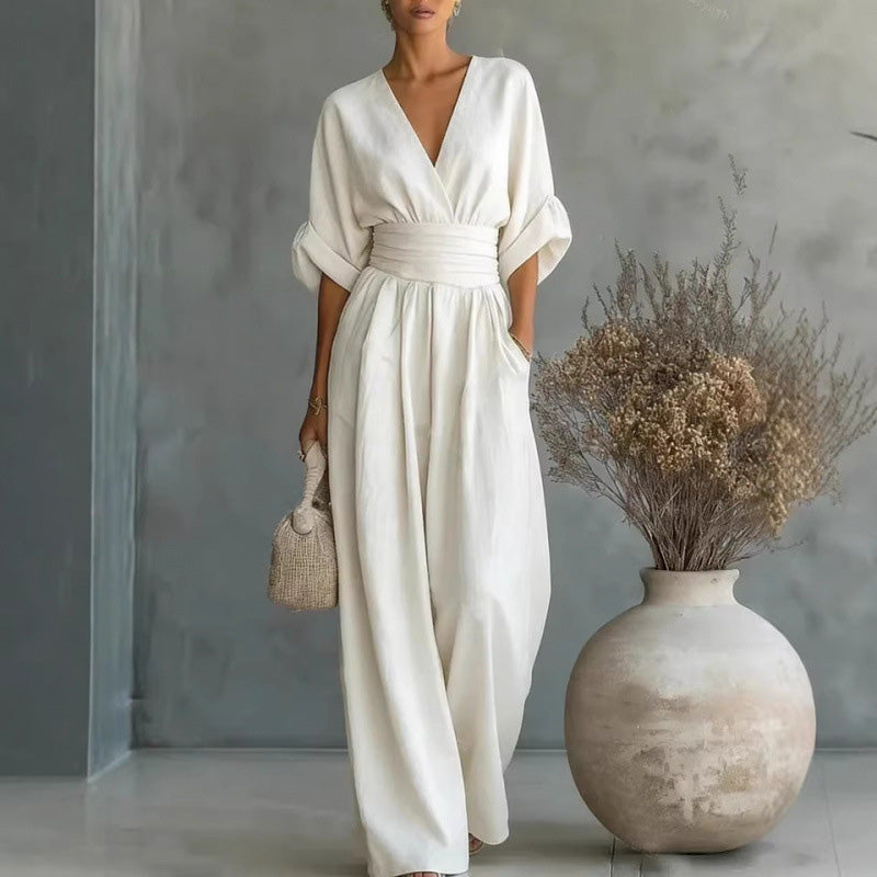 🔥Hot Sale 50% OFF🌸Women's V-Neck High Waist Wide Leg Jumpsuit