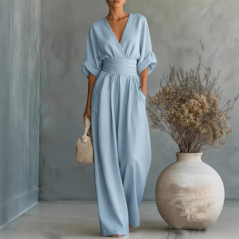 🔥Hot Sale 50% OFF🌸Women's V-Neck High Waist Wide Leg Jumpsuit