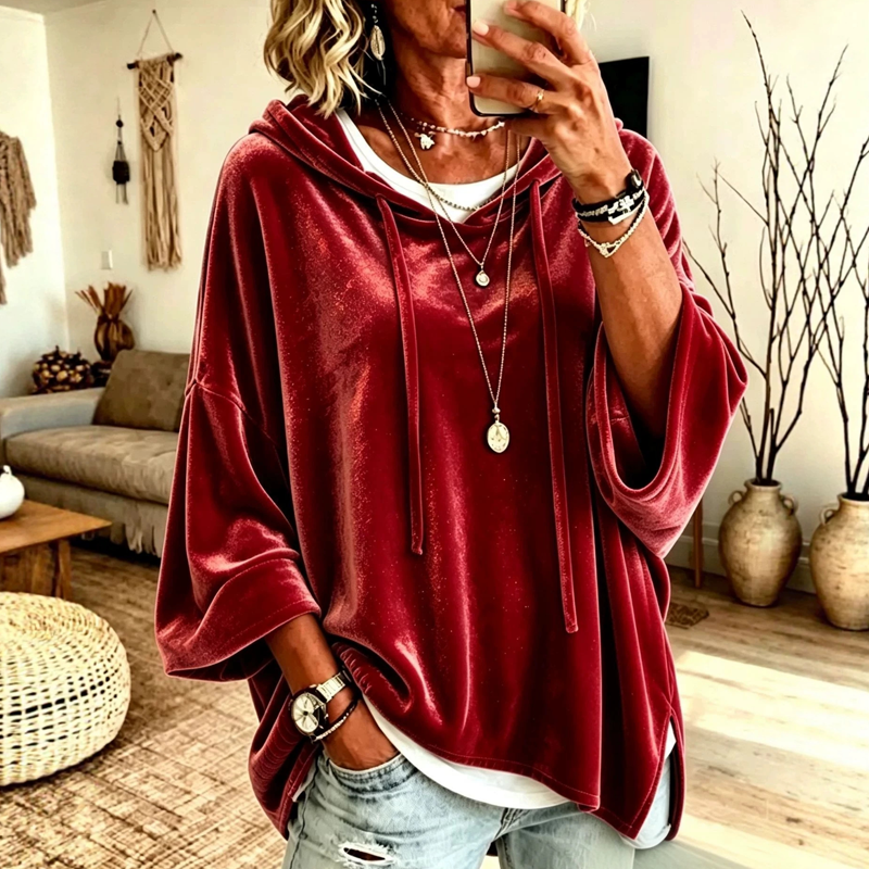 ⌛Limited-Time Offer-Women's Loose-Fit Velvet Drawstring Pullover Sweatshirt