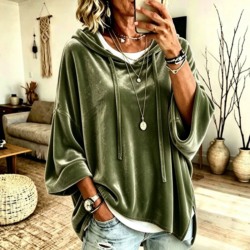⌛Limited-Time Offer-Women's Loose-Fit Velvet Drawstring Pullover Sweatshirt