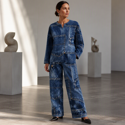 ✨ Denim Look, Softer Feel | Women's Faux-Denim Patchwork Top & Wide-Leg Pants Set