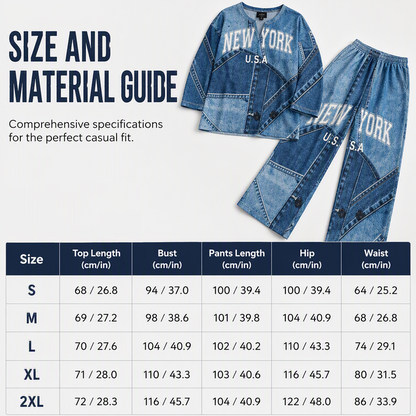 ✨ Denim Look, Softer Feel | Women's Faux-Denim Patchwork Top & Wide-Leg Pants Set
