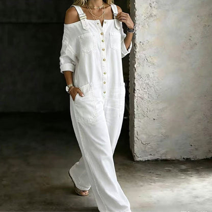 Loose Fit Wide-Leg Overall Jumpsuit with Pockets