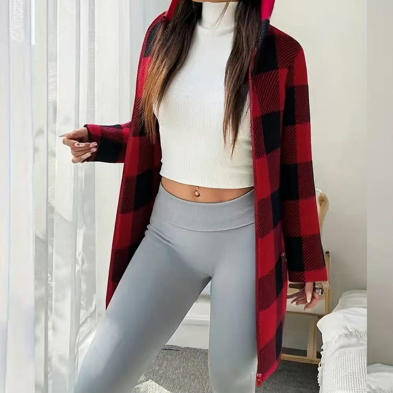 💖 Classic Plaid, Cozy Long-Line Coverage 🍂Women's Zip-Up Hooded Jacket