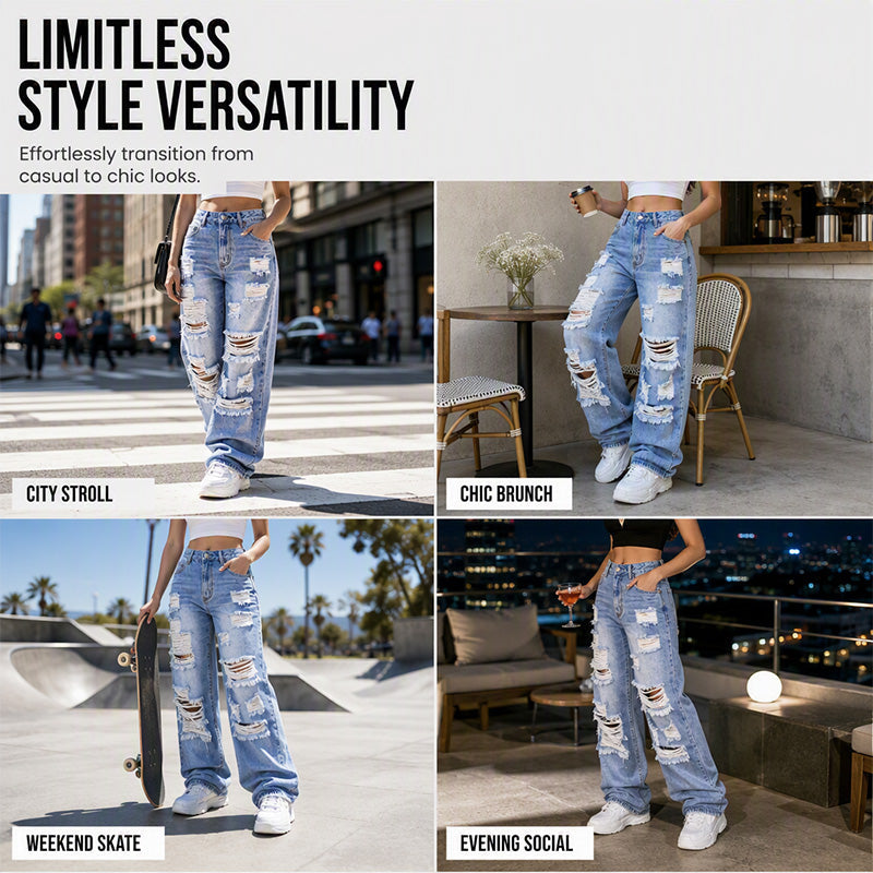 Women's Ripped Wide Leg Jeans Distressed High Waisted Denim Pants