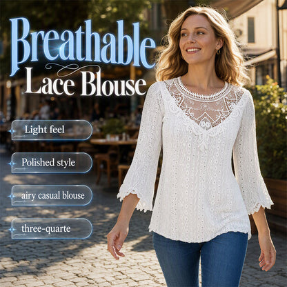 ✨ Feminine Comfort | Women's Hollow-Out Lace Patchwork 3/4-Sleeve Blouse