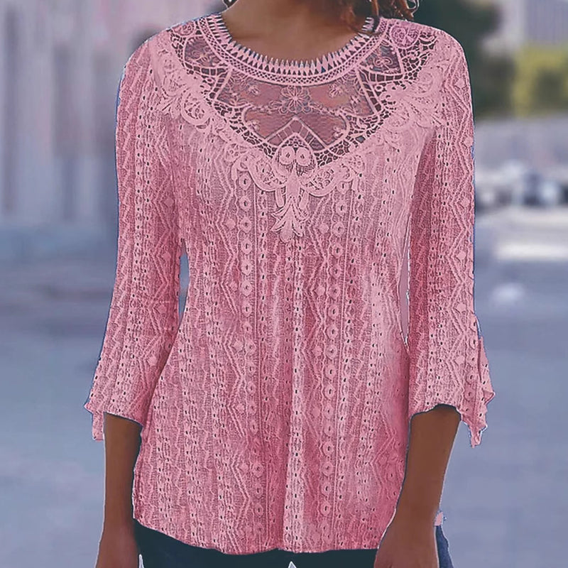 ✨ Feminine Comfort | Women's Hollow-Out Lace Patchwork 3/4-Sleeve Blouse