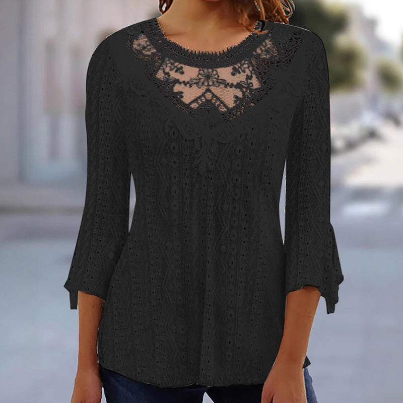✨ Feminine Comfort | Women's Hollow-Out Lace Patchwork 3/4-Sleeve Blouse