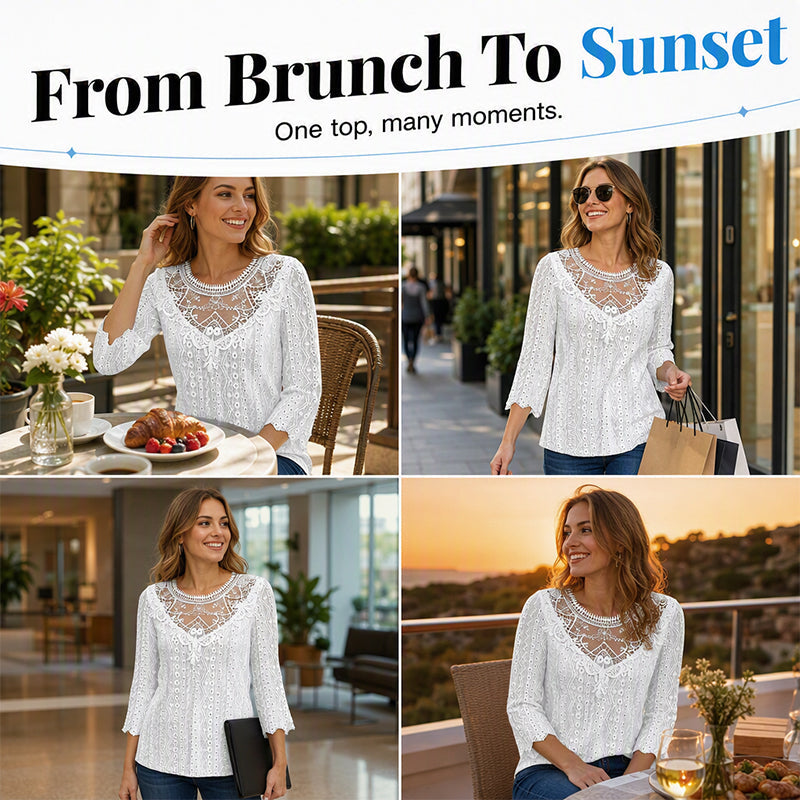 ✨ Feminine Comfort | Women's Hollow-Out Lace Patchwork 3/4-Sleeve Blouse