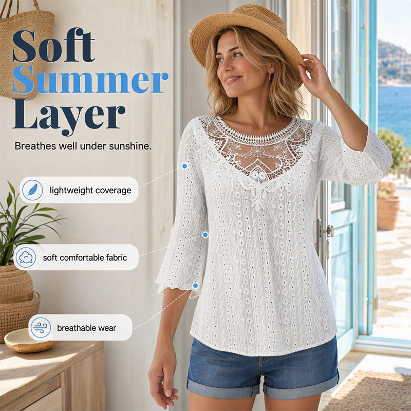 ✨ Feminine Comfort | Women's Hollow-Out Lace Patchwork 3/4-Sleeve Blouse