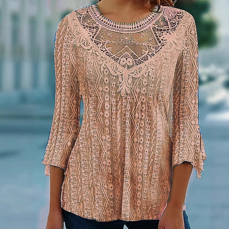 ✨ Feminine Comfort | Women's Hollow-Out Lace Patchwork 3/4-Sleeve Blouse