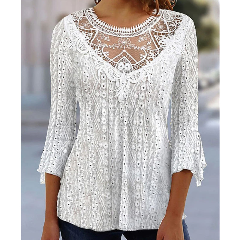 ✨ Feminine Comfort | Women's Hollow-Out Lace Patchwork 3/4-Sleeve Blouse