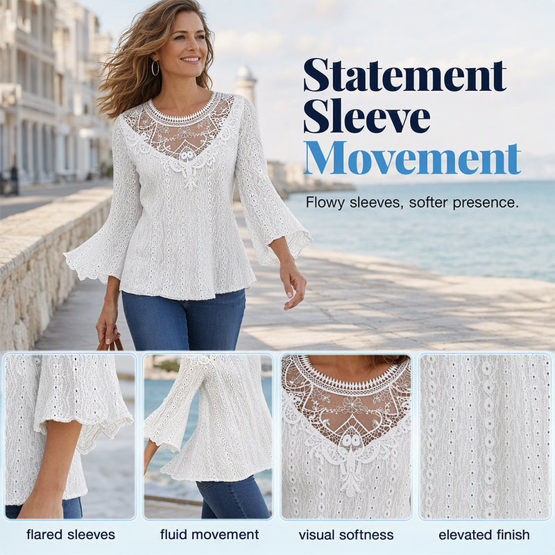 ✨ Feminine Comfort | Women's Hollow-Out Lace Patchwork 3/4-Sleeve Blouse