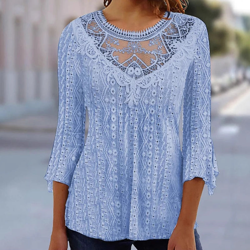 ✨ Feminine Comfort | Women's Hollow-Out Lace Patchwork 3/4-Sleeve Blouse