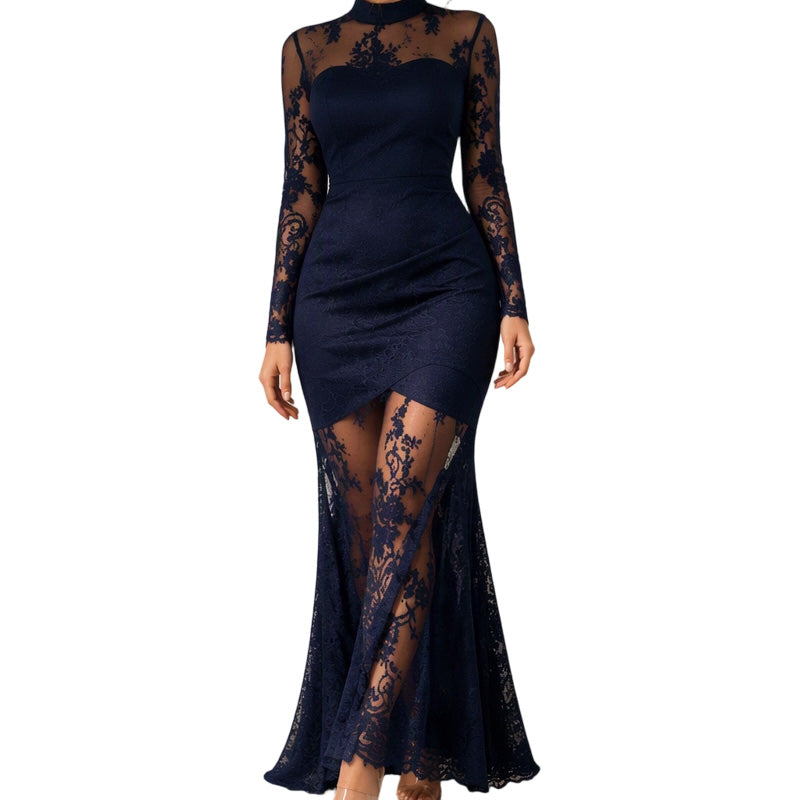 Women's Lace Splicing Long Sleeve Maxi Dress