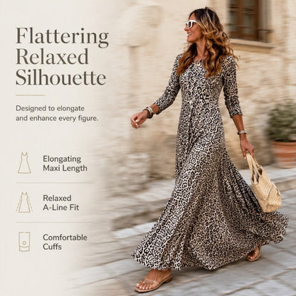 ✨ Timeless Statement Style | Women's Leopard Print Long-Sleeve Maxi Dress