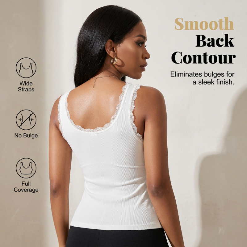Women's Slim Fit Sleeveless Top Ribbed Cami with Built-in Cups and Lace