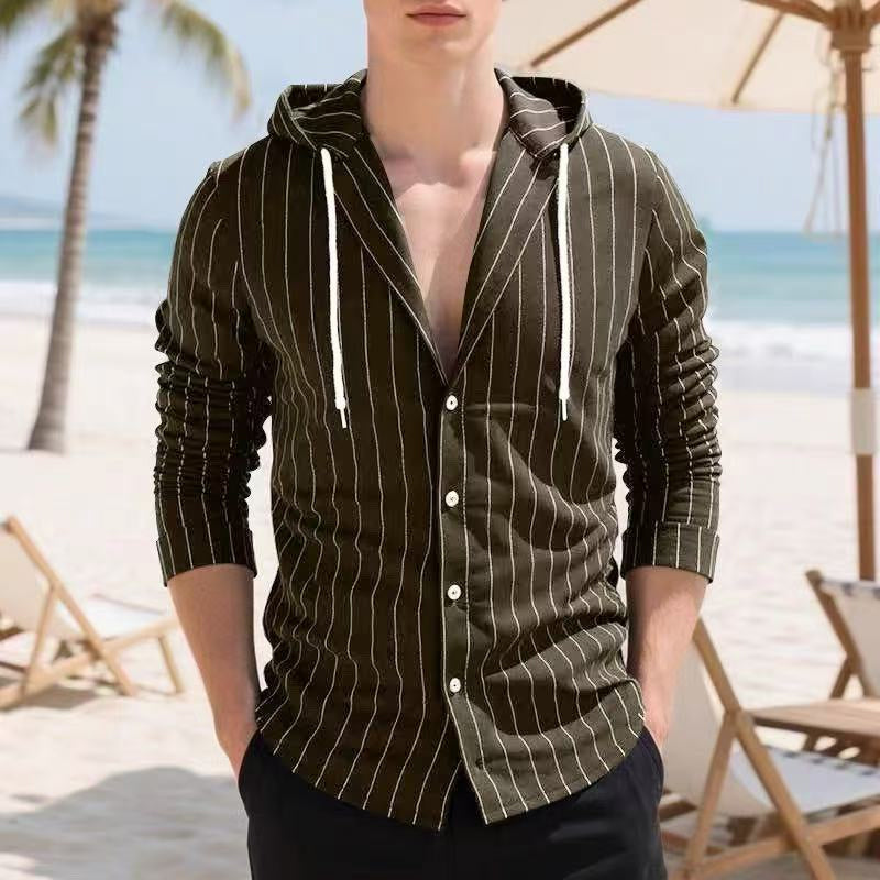 Men's Striped Long Sleeve Hooded Shirt