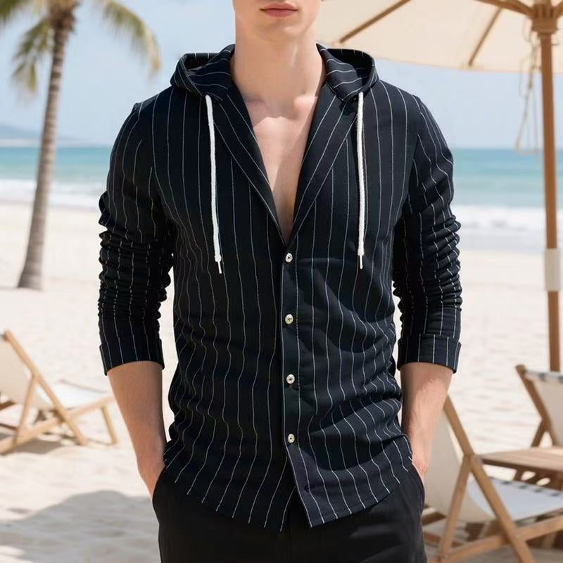 Men's Striped Long Sleeve Hooded Shirt