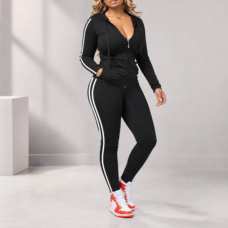 ✨ Sporty Everyday Comfort | Women's Striped Zip-Up Hoodie & Pants 2-Piece Set