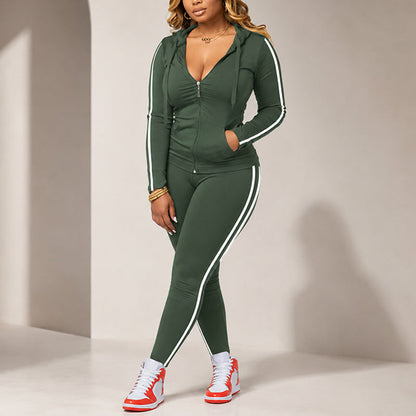 Women's Striped Zip-Up Hoodie & Pants Set