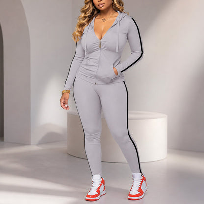 Women's Striped Zip-Up Hoodie & Pants Set