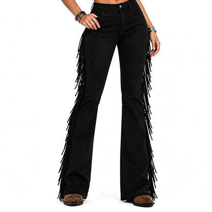 Women's High-Waist Flare Jeans with Side Fringe