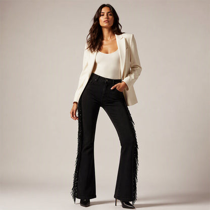 Women's High-Waist Flare Jeans with Side Fringe