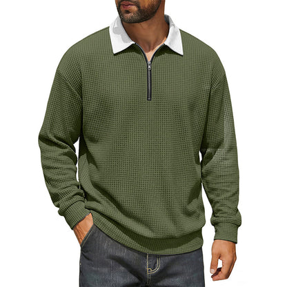 Men's Waffle Knit Half-Zip Collared Sweatshirt