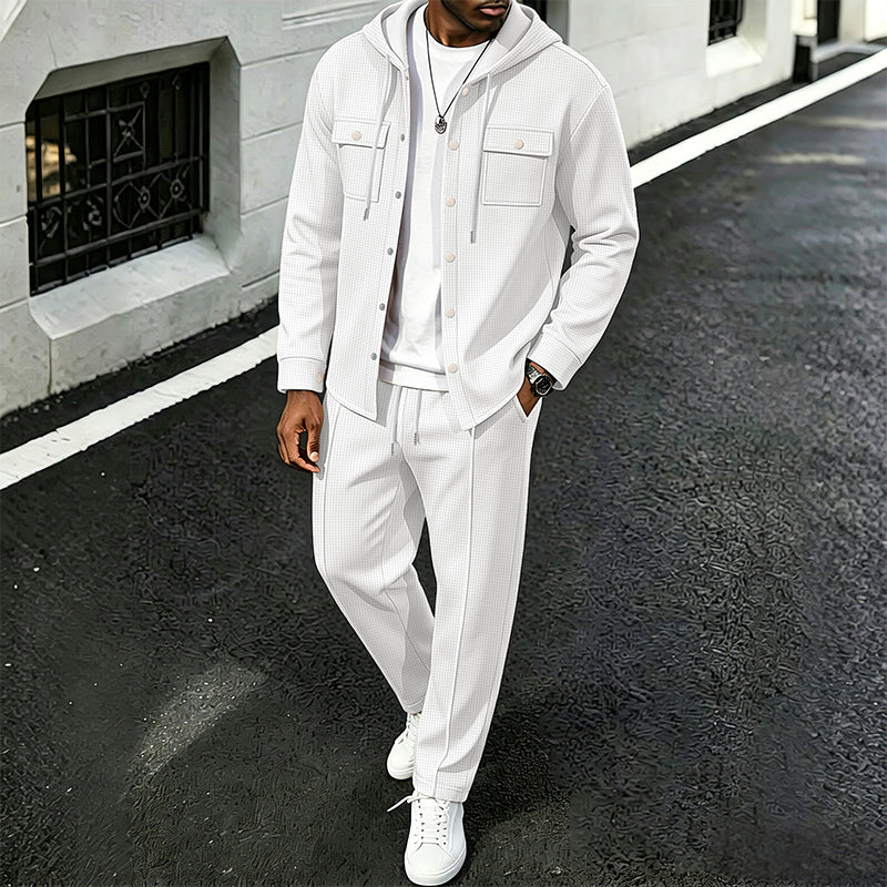 Men's Casual Waffle Hooded Jacket & Pants Set