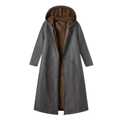 Women’s Vintage Fuzzy-Lined Long Coat With Hood