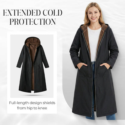 Women’s Vintage Fuzzy-Lined Long Coat With Hood