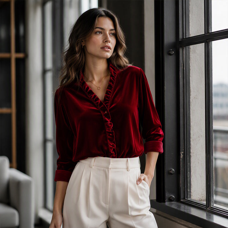 Women's Solid Color Ruffle Neck Blouse